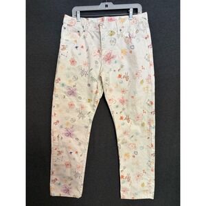 Levis 501 Original Fit White Doodle Print Floral Jeans W31 L30 Art Cute flowers